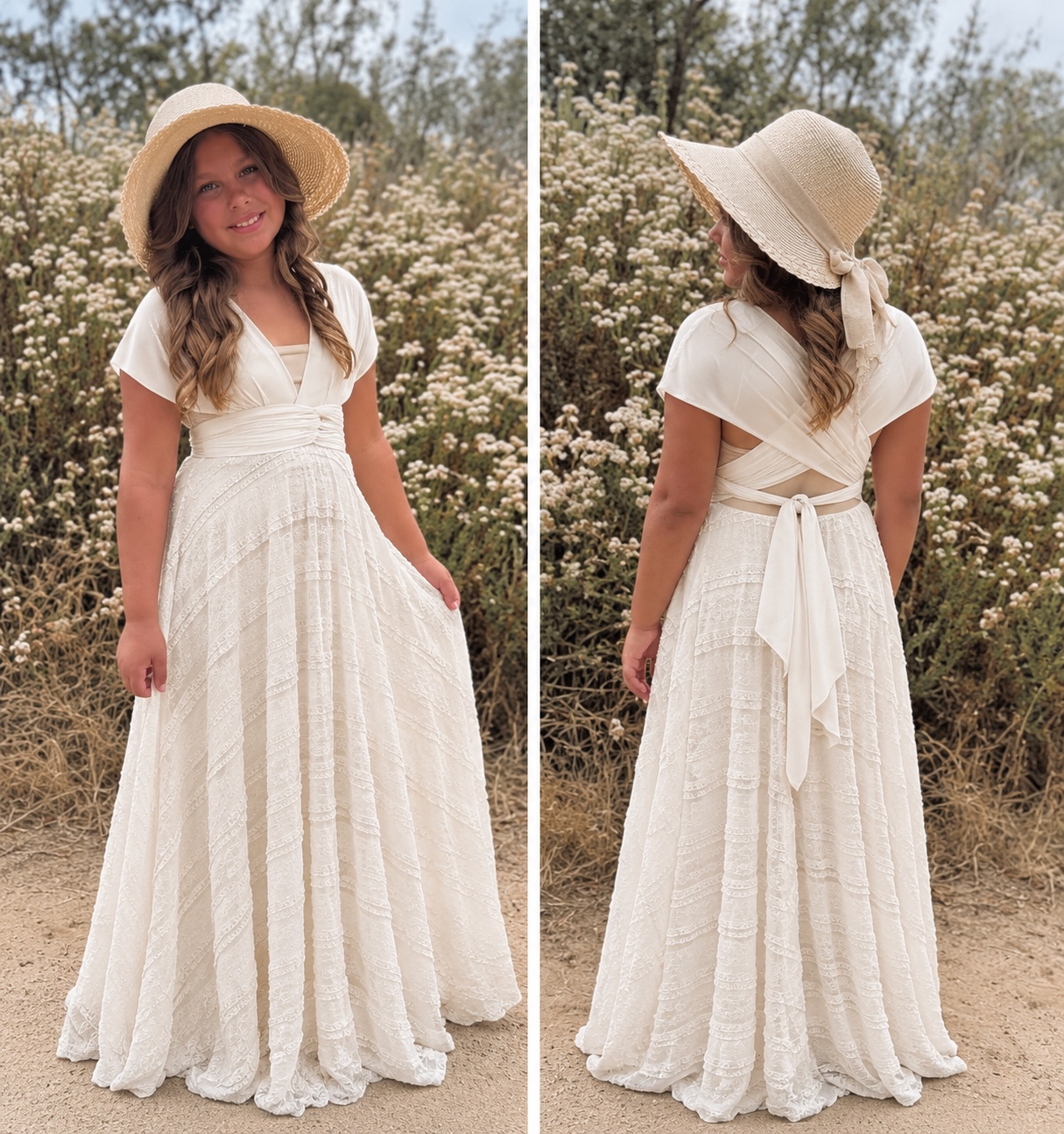 Front and back views of a flower girl in an ivory lace wrap dress and straw hat