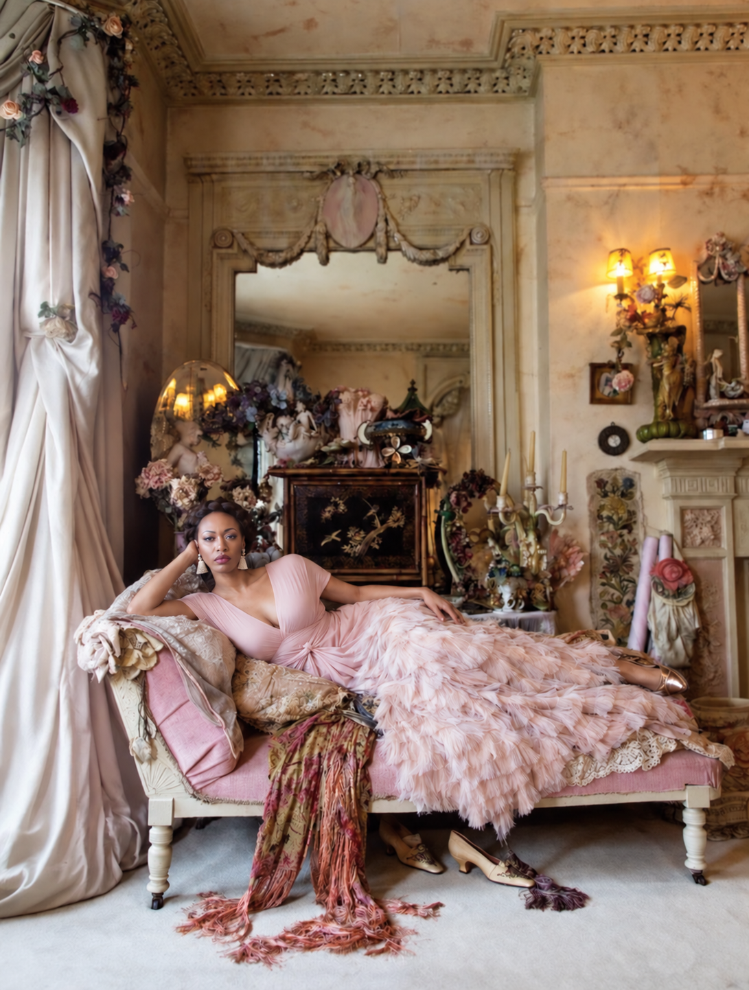 Woman reclining in a blush pink dress on a pink daybed